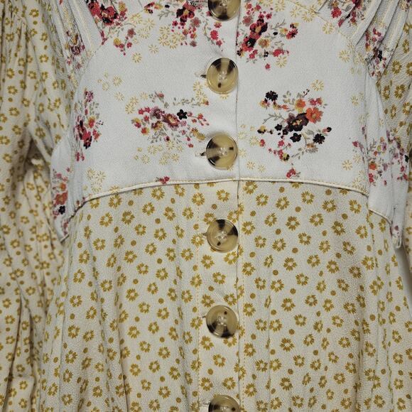 Free People Mini Dress Womens SZ M Floral Button Boho Hippie CottageCore Peasant - Picture 5 of 10